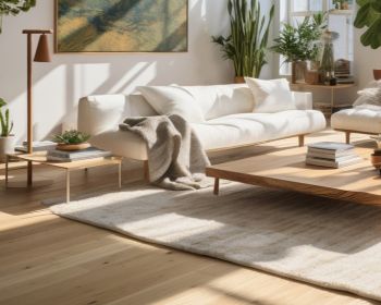 neutral modern living room with light wood flooring and a beige rug